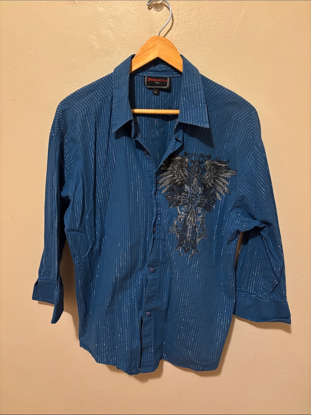 Men's Blue Embroidered Casual Button-Down Shirt